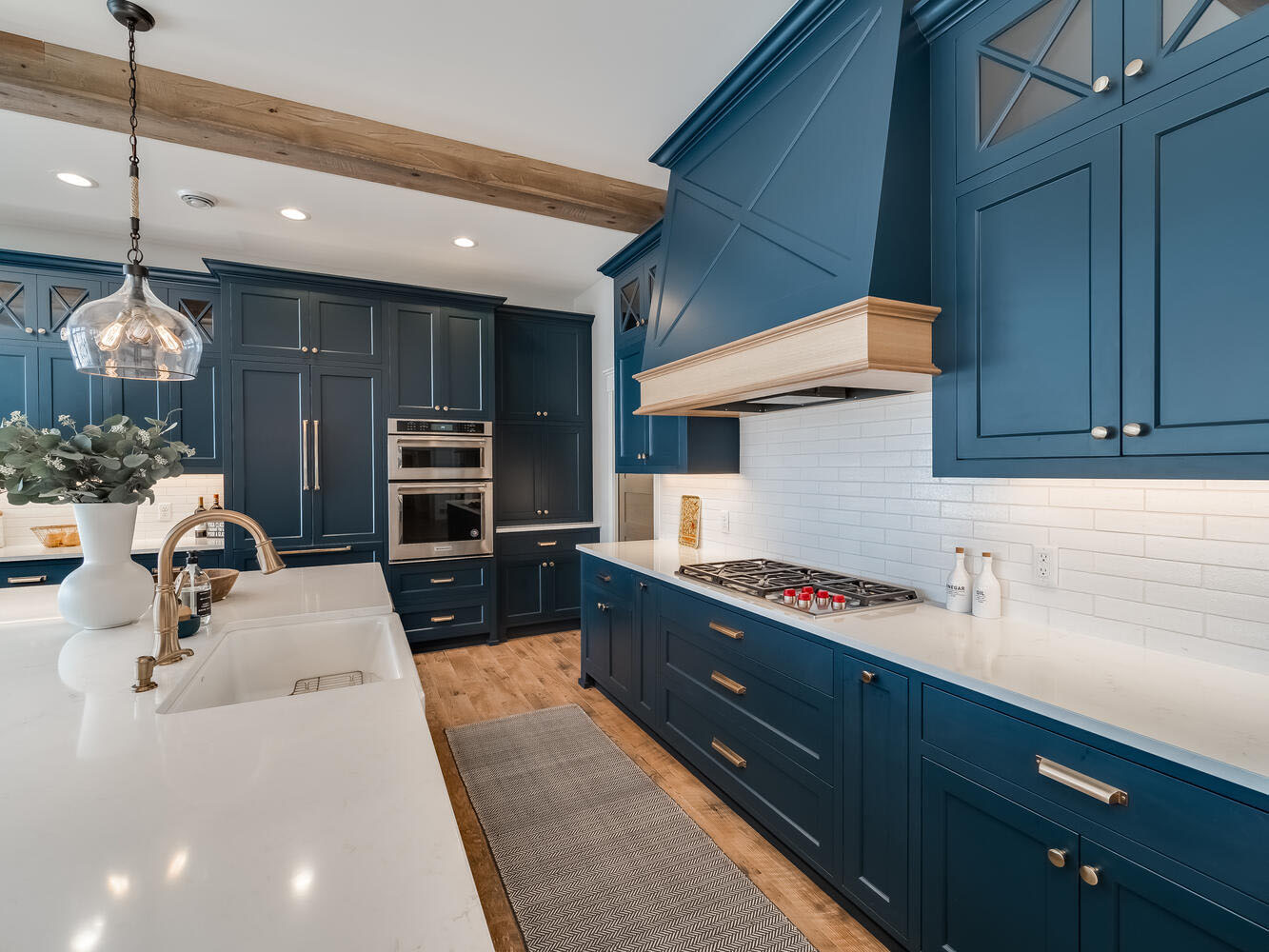 Modern blue and white kitchen in a custom home